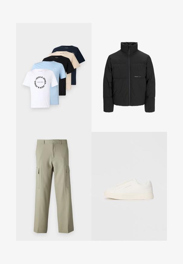 Schwarze Pufferjacke mit hohem Kragen, Front-Reißverschluss und gestepptem Design. Glattes Material mit dezentem Logo auf der Brust.; Set aus fünf T-Shirts in Weiß, Hellblau, Schwarz, Beige und Marineblau. Crewneck-Stil mit grafikdruck auf den weißen und hellblauen Shirts.; Hellgrüne Cargo-Hose mit geradem Bein, ausgestattet mit Seitentaschen und einer glatten Stoffoberfläche. Rückansicht gezeigt.; Weiße Slip-On-Sneaker mit einer strukturierten Oberfläche, dicker Sohle und minimalistischem Design. Mit Logo der Marke an der Seite.