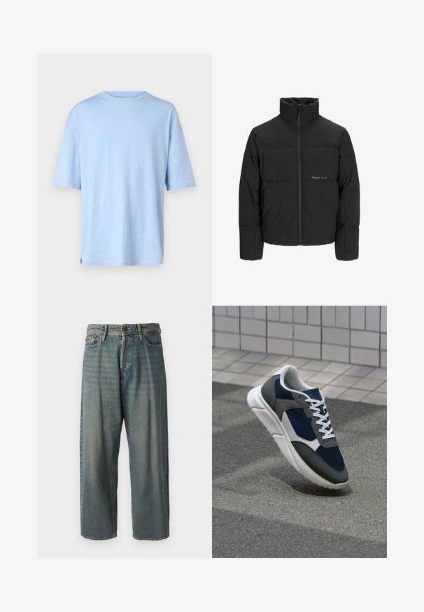 Svart boblejakke med høy krage, frontåpning med glidelås og kviltet design. Glatt stoff med en subtil logo på brystet.; Lys blå kortermet t-skjorte laget av myk bomull. Har rund hals og avslappet passform. Ingen synlige mønstre eller detaljer.; Lyseblå denimjeans med løs passform, midjehøyde og rette ben. Har fem lommer, beltehemper og knappelukking.; Sneakers med en navy blå mesh-overdel, grå sømværk, hvit gummisåle og flate hvite snører, designet for komfort og pusteevne.