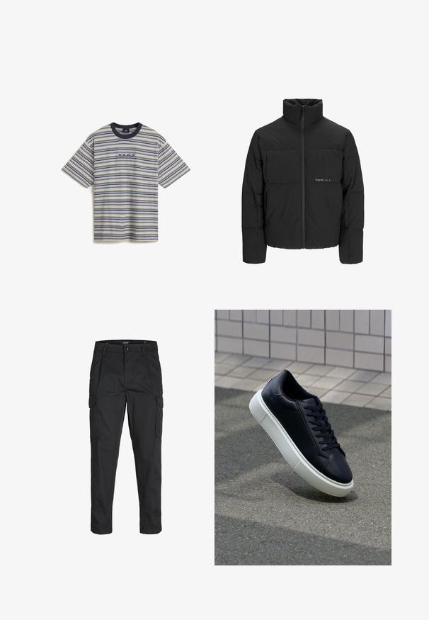 Czarna kurtka puchowa z wysokim kołnierzem, z przodu na zamek błyskawiczny i pikowanym wzorem. Gładki materiał z subtelnym logo na piersi.; Vans CAMERON biały; Czarne spodnie cargo wykonane z wytrzymałego materiału, z wieloma kieszeniami, zapięciem na guzik oraz zwężanym krojem nogawek.; Czarne skórzane sneakersy z okrągłym noskiem i białą gumową podeszwą. Posiadają płaskie sznurowadła i minimalne przeszycia na cholewce. Teksturowana podeszwa zapewnia przyczepność.