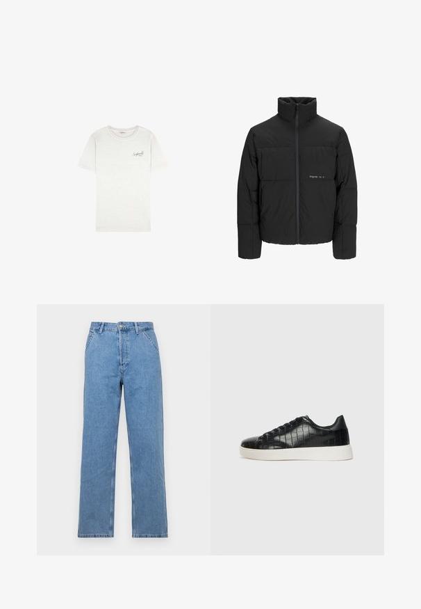 Černá péřová bunda s vysokým límcem, předním zipem a prošívaným designem. Hladká tkanina se subtilním logem na hrudi.; Bílý bavlněný tričko s krátkým rukávem, kulatým výstřihem a jemným logem "Scalpers Hotel" vytištěným na levé straně hrudi. Jemná textura.; Světle modré džíny rovného střihu s klasickým designem pěti kapes, s předním knoflíkovým zapínáním a poutky na opasek. Hladká textura.; Černé tenisky s texturovaným vrškem z kůže s embosovaným hadím vzorem, kulatou špičkou a kontrastní bílou gumovou podrážkou s hladkým povrchem.