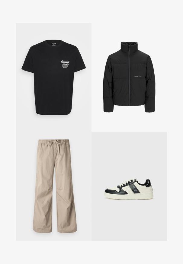 Svart boblejakke med høy krage, frontåpning med glidelås og kviltet design. Glatt stoff med en subtil logo på brystet.; Svart bomull T-skjorte med rund hals, korte ermer og hvit trykt tekst på venstre brystområde. Enkelt design uten ekstra mønstre.; Beige vide bukser med elastisk talje og snøre. Glat tekstur, to sidelommer og minimale syninger for en afslappet pasform.; Lædersneakers med sort og creme farveskema, der har perforerede detaljer, en polstret krave og en struktureret ydersål.
