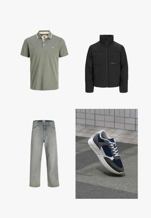 Sort dunjakke med høj krave, frontlynlås og quiltet design. Glat materiale med en diskret logo på brystet.; Grøn polo skjorte med en struktureret overflade, der har en krave med cremefarvet kant, to knaplukninger og et lille logo på brystet.; Lysegrå, løstsiddende jeans lavet af denim. Har et klassisk fem-lomme design, bæltestropper og en lige ben silhuet.; Sneakers med en overdel i marineblå mesh, grå suedeteksturer, hvid gummisål og flade hvide snørebånd, designet til komfort og åndbarhed.