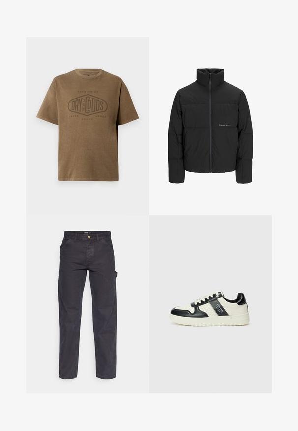 Chaqueta acolchada negra con un alto cuello, cierre frontal de cremallera y diseño acolchado. Tejido suave con un logo sutil en el pecho.; Camiseta de manga corta marrón con cuello redondo y texto de logo desvanecido "Premium Co. Dry On My Gods Jack & Jones Est. 90" impreso en la parte frontal.; Pantalones cargo de color gris oscuro, confeccionados con un tejido duradero, que presentan un corte recto, cinco bolsillos y un cierre de botón en la cintura.; Zapatillas de cuero con un esquema de colores negro y crema, que cuentan con acentos perforados, un collar acolchado y una suela texturizada.