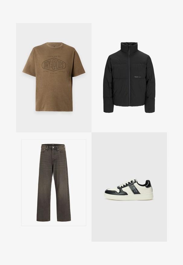 Schwarze Pufferjacke mit hohem Kragen, Front-Reißverschluss und gestepptem Design. Glattes Material mit dezentem Logo auf der Brust.; Braunes T-Shirt mit kurzen Ärmeln und Rundhalsausschnitt, mit dem verblassten Logo-Text "Premium Co. Dry On My Gods Jack & Jones Est. 90" auf der Vorderseite bedruckt.; Weite Jeans aus dunkelgrauem Denim mit hoher Taille, klassischem Fünf-Taschen-Design und kontrastierendem Stepp entlang der Nähte.; Leder-Sneaker in Schwarz- und Cremetönen, mit perforierten Akzenten, einem gepolsterten Kragen und einer strukturierten Laufsohle.