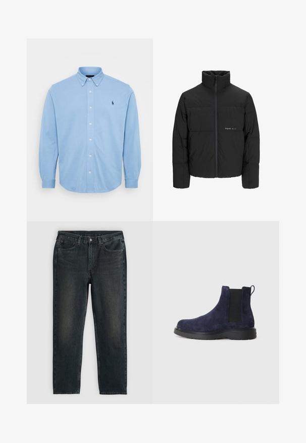 Svart boblejakke med høy krage, frontåpning med glidelås og kviltet design. Glatt stoff med en subtil logo på brystet.; Lyseblå langermet skjorte med knapper laget av bomull, med nedbrettbar krage og en liten brodert logo på brystet.; Mørkeblå denimjeans med rette ben, med fem lommer, glidelås og kontraststing. Subtil fading på stoffet.; Navy suede Chelsea-stølett med elastiske sidepaneler og en pull-tab. Svart gummisåle med teksturert overflate for grep og holdbarhet.