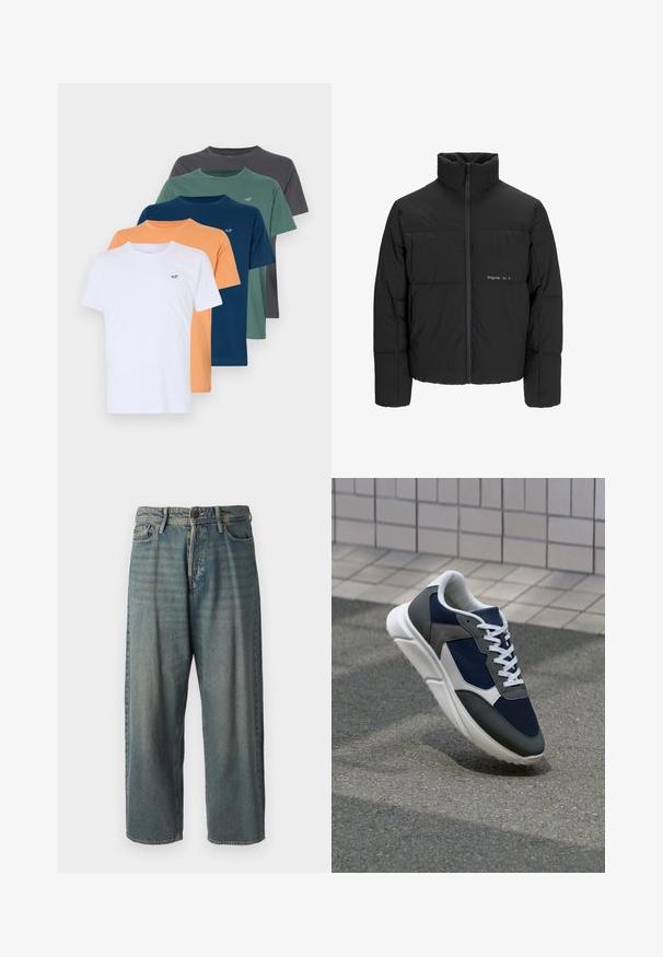 Black puffer jacket featuring a high collar, front zip closure, and quilted design. Smooth fabric with a subtle logo on the chest.; Hollister Co. Icon Crew T-Shirt 5-Pack - Basic T-shirt - multi coloured; Light blue denim jeans with a loose fit, mid-rise waist, and straight legs. Features five pockets, belt loops, and a button closure.; Sneaker featuring a navy blue mesh upper, gray suede accents, white rubber sole, and flat white laces, designed for comfort and breathability.