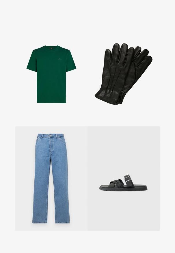 Czarna kurtka puchowa z wysokim kołnierzem, z przodu na zamek błyskawiczny i pikowanym wzorem. Gładki materiał z subtelnym logo na piersi.; Zielona bawełniana koszulka z krótkim rękawem. Posiada okrągły dekolt i małe logo na klatce piersiowej. Gładka struktura, casualowy design.; Jasnoniebieskie dżinsy o prostym kroju z klasycznym pięciopocketowym wykończeniem, z zapięciem na guzik z przodu i szlufkami na pasek. Gładka tekstura.; Czarne sandały z plecionymi paskami, płaską podeszwą i zapięciem na kostkę. Wykonane z materiału syntetycznego o gładkim wykończeniu.; Czarne skórzane rękawiczki o gładkiej fakturze, pięć palców i subtelne detale w szwach. Klasyczny design, odpowiednie do użytku w zimnych warunkach.