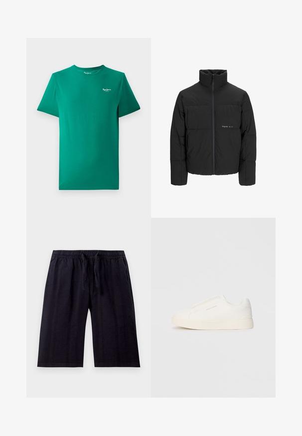 Melnā pūka jaka ar augstu apkakli, priekšējo rāvējslēdzēju un quilted dizainu. Gluda auduma virsma ar maigu logotipu uz krūšu daļas.; Zaļš kokvilnas T-krekls ar īsām piedurknēm, apaļu kakla izgriezumu un mazu baltu logo kreisajā krūšu daļā. Gluda tekstūra, ikdienišķs dizains.; Melni, līdz ceļiem garie šorti, izgatavoti no viegla auduma. Iespējama elastīga josta ar auklu un gluda tekstūra. Vienkāršs dizains.; Baltas slip-on sporta apavi ar teksturētu virsmu, biezu zoli un minimālistisku dizainu. Sānos redzams zīmola logotips.