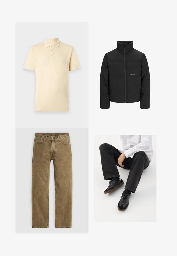 Chaqueta acolchada negra con un alto cuello, cierre frontal de cremallera y diseño acolchado. Tejido suave con un logo sutil en el pecho.; Polo de manga corta de color amarillo pálido con cuello, tapeta de cuatro botones y un bolsillo en el pecho izquierdo. Tejido texturizado con un suave brillo.; Jeans de mezclilla de color marrón claro con un diseño de pierna recta, estilo de cinco bolsillos y herrajes en tono cobre. Tejido texturizado con detalles de costura visibles.; Zapatillas negras con una parte superior suave y texturizada, que cuentan con una suela de goma y cordones oscuros. Combinadas con jeans negros y una camisa blanca a rayas.