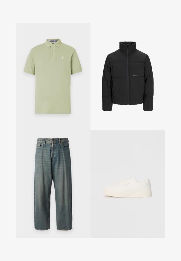 Melnā pūka jaka ar augstu apkakli, priekšējo rāvējslēdzēju un quilted dizainu. Gluda auduma virsma ar maigu logotipu uz krūšu daļas.; Gaiši zaļš polo krekls ar apkakli, trim pogām un mazu izšūtu logotipu; iekšējai apkaklei ir raibuma raksts.; Gaiši zili džinsi ar brīvu piegriezumu, vidējo jostas augstumu un taisnām kājām. Satur piecas kabatas, jostas cilpas un pogu aizdari.; Baltas slip-on sporta apavi ar teksturētu virsmu, biezu zoli un minimālistisku dizainu. Sānos redzams zīmola logotips.