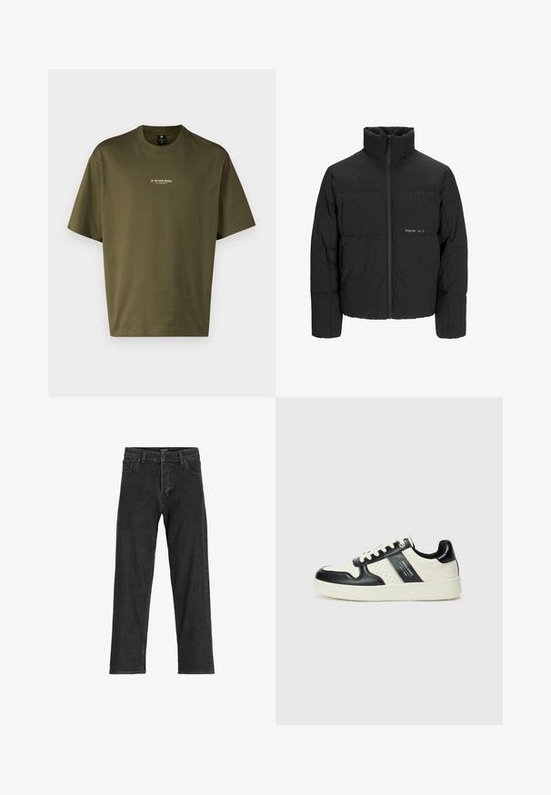 Svart puffjacka med hög krage, främre dragkedjestängning och quiltat mönster. Slätt tyg med en subtil logotyp på bröstet.; Olivgrön bomulls-t-shirt med rund halsringning, korta ärmar och vittryckt logotyp "G-STAR RAW" på framsidan. Slät textur.; Svarta denimjeans med rak passform, featuring dragkedja, bälteslöljer och sex fickor, tillverkade av en kraftig bomullsblandning.; Läder sneakers med en svart och krämfärgad färgsättning, med perforerade detaljer, en vadderad krage och en strukturerad yttersula.