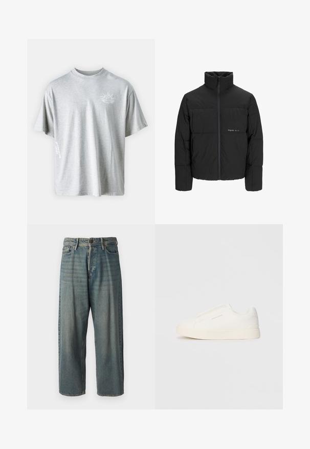 Černá péřová bunda s vysokým límcem, předním zipem a prošívaným designem. Hladká tkanina se subtilním logem na hrudi.; Replay M9Z1 T-SHIRT - Triko s potiskem - ash grey; Světle modré denimové džíny s volným střihem, středně vysokým pasem a rovnými nohavicemi. Obsahují pět kapes, poutka na opasek a zapínání na knoflík.; Bílé slip-on tenisky s texturovaným povrchem, silnou podešví a minimalistickým designem. Na boku je umístěno logo značky.