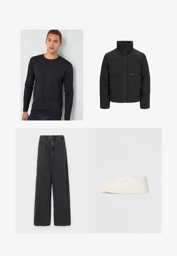 Črni pufast plašč z visokim ovratnikom, sprednjim zadrgo in prešitjem. Gladka tkanina z diskretnim logotipom na prsih.; Črna majica z dolgimi rokavi iz bombaža, okrogel ovratnik, oprijeti rokavi in gladka tekstura, nošena z modrimi kavbojkami.; Široke hlače iz črnega denima z visokim pasom, z zapiranjem na gumb in zadrgo spredaj, ki imajo stranske žepe in gladko teksturo.; Bele zapete brez vezalk z teksturirano površino, debelim podplatom in minimalističnim dizajnom. Na strani se nahaja logotip blagovne znamke.