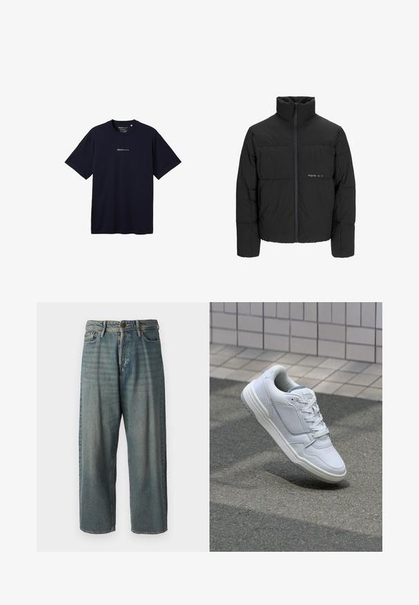 Melnā pūka jaka ar augstu apkakli, priekšējo rāvējslēdzēju un quilted dizainu. Gluda auduma virsma ar maigu logotipu uz krūšu daļas.; Tumši zils īsām piedurknēm T-krekls, izgatavots no teksturēta auduma, ar baltu logotipu uz krūškurvja un apaļu kakla izgriezumu.; Gaiši zili džinsi ar brīvu piegriezumu, vidējo jostas augstumu un taisnām kājām. Satur piecas kabatas, jostas cilpas un pogu aizdari.; Baltas ādas sporta apavi ar perforētiem sāniem, teksturētām akcentiem, plakanu šņorēšanu un kontrastējošu pelēku papēdi. Iezīmē nedaudz paaugstinātu zole.