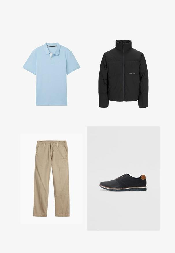Juodas pūkinis švarkas su aukštu apykakle, priekiniais užtrauktukais ir kvadratinės siuvimo dizainu. Lygus audinys su subtiliu logotipu krūtinėje.; Šviesiai mėlynas polo marškinėlis, pagamintas iš lygaus audinio. Turi klasikinį apykaklę, trumpas rankoves ir mažą logotipą kairėje krūtinės pusėje.; Bežiniai tiesaus kirpimo chinos kelnės su diržo kilputėmis, priekyje esančia mygtuko ir užtrauktuko uždarymo sistema, bei šoninėmis kišenėmis.; Juodi sintetiniai batai su tekstūruotu paviršiumi, lygiomis detalėmis, ruda kulna ir kontrastingu padu. Yra minimalus raištelių užsidėjimas ir siuvimo detalės.