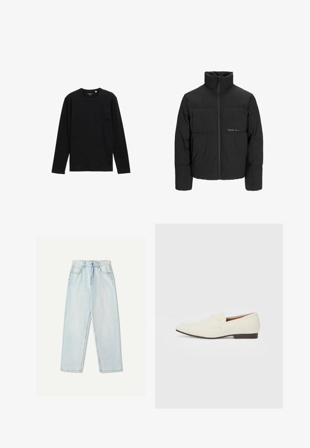 Schwarze Pufferjacke mit hohem Kragen, Front-Reißverschluss und gestepptem Design. Glattes Material mit dezentem Logo auf der Brust.; Schwarzes langärmliges T-Shirt aus Rippstoff, mit Rundhalsausschnitt und lässiger Passform, ohne zusätzliche Muster oder Verzierungen.; Helle blaue Denim-Jeans mit lässiger Passform, geradem Beindesign, Fünf-Taschen-Stil und dezentem Verblassen des Stoffes.; Hellbeige Slipper mit spitzem Zehenbereich, glattem Material, einem Riemen über dem Vorderfuß und einer niedrigen braunen Sohle. Einfaches Design mit minimalen Akzenten.