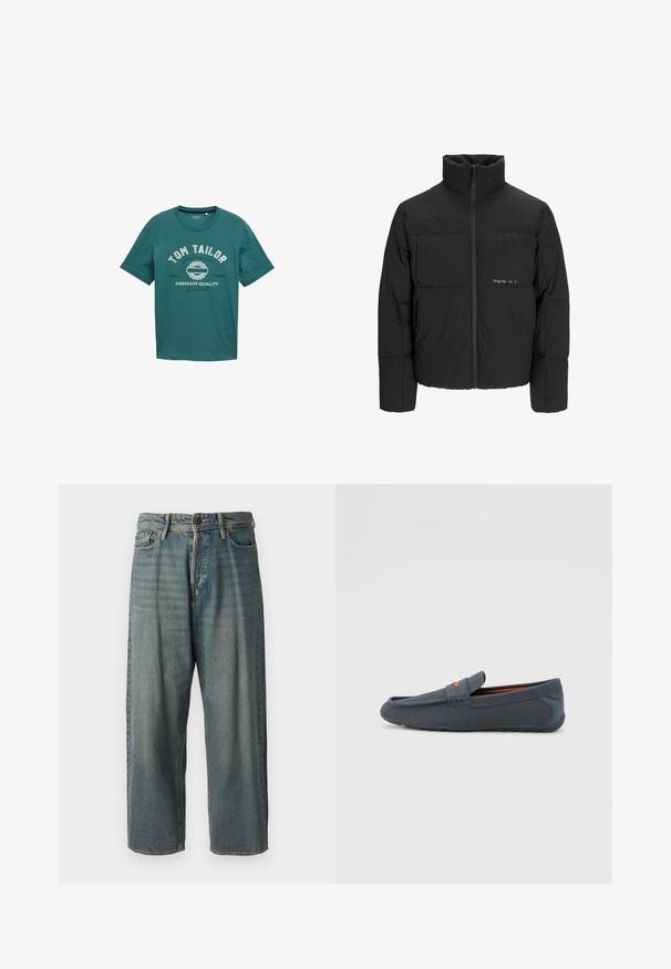 Črni pufast plašč z visokim ovratnikom, sprednjim zadrgo in prešitjem. Gladka tkanina z diskretnim logotipom na prsih.; Teal kratka majica s kratkimi rokavi iz bombaža z okroglim izrezom in belim tiskanim napisom "TOM TAILOR" ter oblikovalskimi podrobnostmi spredaj.; Svetlomoderne kavbojke z ohlapnim krojem, srednjim pasom in ravnimi nogami. Imajo pet žepov, zanke za pas in zapiranje na gumb.; Sive perforirane loferice z običajnim zapiranjem, ki imajo oranžen akcent, okroglo konico in teksturiran gumijast podplat.