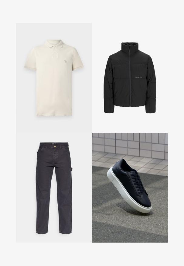 Musta puhvijakku, jossa on korkea kaulus, etuvetoketju ja tikattu muotoilu. Sileä kangas, jossa on hienovarainen logo rinnassa.; Paita polo beige yang terbuat dari katun, dilengkapi dengan kerah, lengan pendek, dan logo bordir kecil di dada. Tekstur lembut dengan potongan klasik.; Tummanharmaat cargo-housut, jotka on valmistettu kestävästä kankaasta. Niissä on suora lahkeellinen leikkaus, viisi taskua ja nappikiinnitys vyötäröllä.; Mustat nahkakengät, joissa on pyöristetty kärki ja valkoinen kumipohja. Varusteena litteät nauhat ja minimaalinen ommel ylhäällä. Teksturoitu pohja pitävyyden lisäämiseksi.