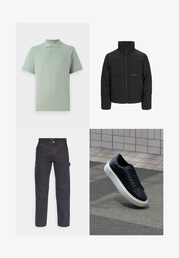 Doudoune noire avec un col haut, fermeture éclair sur le devant et design matelassé. Tissu lisse avec un logo subtil sur la poitrine.; Polo shirt vert clair en coton, avec un col classique, un plastron à deux boutons et des manches courtes ornées d'un discret logo.; Pantalons cargo gris foncé en tissu durable, avec une coupe droite, cinq poches et une fermeture à bouton à la taille.; Baskets noires en cuir avec bout arrondi et semelle en caoutchouc blanc. Elles présentent des lacets plats et une couture minimale sur la tige. Semelle texturée pour une bonne adhérence.