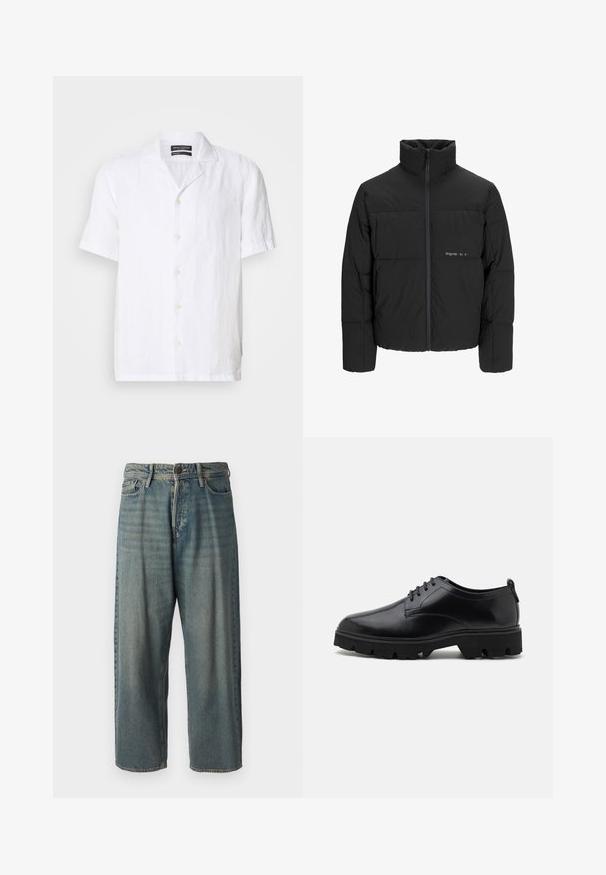 Svart boblejakke med høy krage, frontåpning med glidelås og kviltet design. Glatt stoff med en subtil logo på brystet.; Hvit kortermet skjorte med knapper i lett lin, med krage og syv knapper på forsiden, med en avslappet passform.; Lyseblå denimjeans med løs passform, midjehøyde og rette ben. Har fem lommer, beltehemper og knappelukking.; Sorte lærersko med en glatt overflate, snøring, og tykk, robust gummisåle med dype spor for grep.