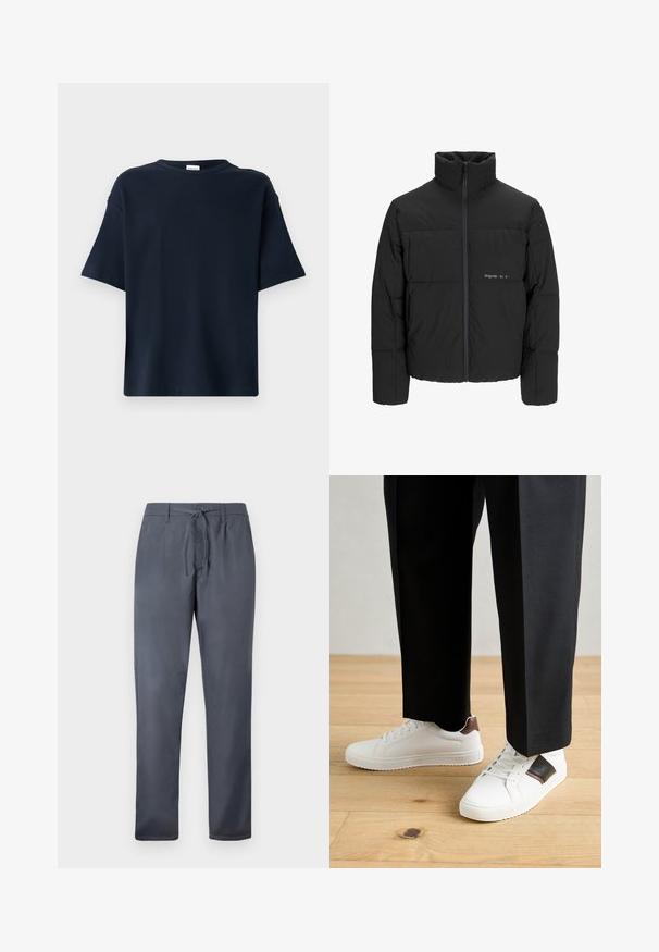 Melnā pūka jaka ar augstu apkakli, priekšējo rāvējslēdzēju un quilted dizainu. Gluda auduma virsma ar maigu logotipu uz krūšu daļas.; Kļūstiet par stilīgu ar šiem tumši ziliem īsām piedurknēm t-krekliem, kas izgatavoti no gludas auduma. Tiem ir klasiskā apaļā kakla izgriezuma dizains un brīvi krītoša piegriezuma forma, bez liekiem detaļām vai rakstiem.; Pelēki bikses, kas izgatavotas no gludas auduma, ar šņorēšanas aizdari un sānu kabatām. Taisnas kājas forma ar tīru apdari.; Baltā pārsoļa apavi ar gludu tekstūru, papildināti ar brūniem ādas akcentiem un melniem elementiem, savienoti ar melnām pielāgotām biksēm. Koka grīdas fons.