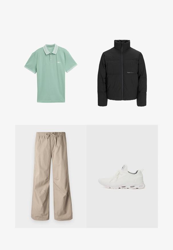 Melnā pūka jaka ar augstu apkakli, priekšējo rāvējslēdzēju un quilted dizainu. Gluda auduma virsma ar maigu logotipu uz krūšu daļas.; Gaiši zaļš polo krekls, kas izgatavots no mīksta auduma, ar klasisku apkakli un kontrastējošu baltu apdari, kā arī mazu logotipu krūtīs.; Bežīgas platās bikses ar elastīgu jostu un saiti. Gluda tekstūra, divas sānu kabatas un minimāli šuvi brīvai piegriezumam.; Baltas sporta apavi ar teksturētu adītu augšdaļu, platiem auklām un mīkstinātu zoli ar redzamām gaisa kamerām papildu atbalstam.