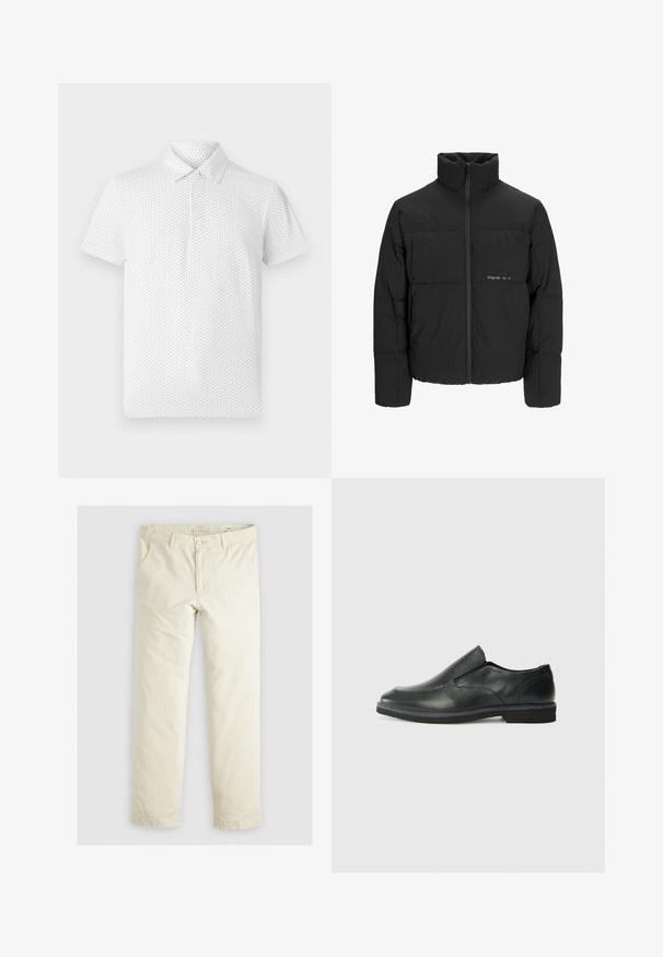 Svart puffjacka med hög krage, främre dragkedjestängning och quiltat mönster. Slätt tyg med en subtil logotyp på bröstet.; Vit kortärmad pikétröja med ett litet geometriskt mönster, tre knappar på kragen och en klassisk passform. Tillverkad av andningsbart material.; Ljust beige löst sittande byxor med tre fickor, bältesöglor och raka ben. Tillverkade av en mjuk bomullsmix.; Svart lädersko i slip-on-modell med en slät ovandel, sömnadsdetaljer, rund tå och låg gummihäl. Sulan har minimal mönstring.