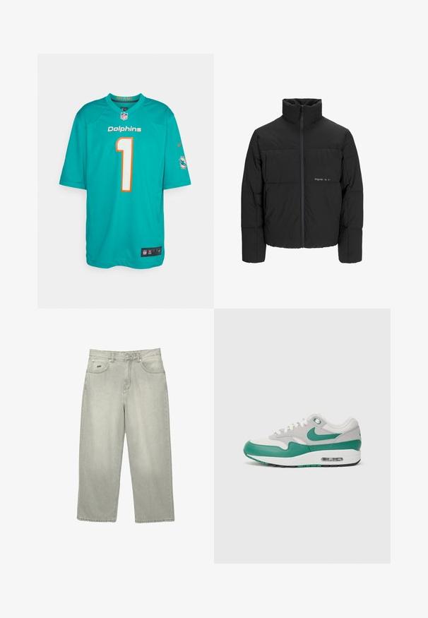 Črni pufast plašč z visokim ovratnikom, sprednjim zadrgo in prešitjem. Gladka tkanina z diskretnim logotipom na prsih.; Miami Dolphins majica v teal barvi z oranžnimi akcenti, s številko "1" v beli barvi. Izdelana iz lahkega materiala z kratkimi rokavi in mrežastimi stranicami.; Svetlo sivi jeans ravnega kroja z sprednjimi žepi, zankami za pas in gumbom za zapiranje.; Nike Air Max 1 športni čevlji z zgornjim delom iz sive mrežice, zelenimi usnjenimi detajli, belimi vezalkami in vidno zračno enoto v podplatu.