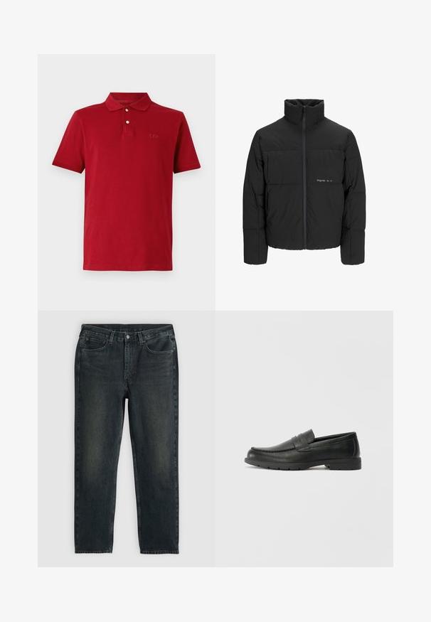 Melnā pūka jaka ar augstu apkakli, priekšējo rāvējslēdzēju un quilted dizainu. Gluda auduma virsma ar maigu logotipu uz krūšu daļas.; Sarkans kokvilnas polo krekls ar klasisku apkakli, īsām piedurknēm un smalku izšuvumu uz krūtīm. Gluda tekstūra.; Tumši zili džinsi ar taisnu kāju griezumu, ar piecām kabatām, rāvējslēdzēju un kontrastējošām diegvīlēm. Auduma viegla izbalēšana.; Melnas ādas loafers ar gludu apdari, mokasīnu stila augšdaļu, šūtu detalizāciju un gumijas zoli. Klasisks dizains ar zemu papēdi.