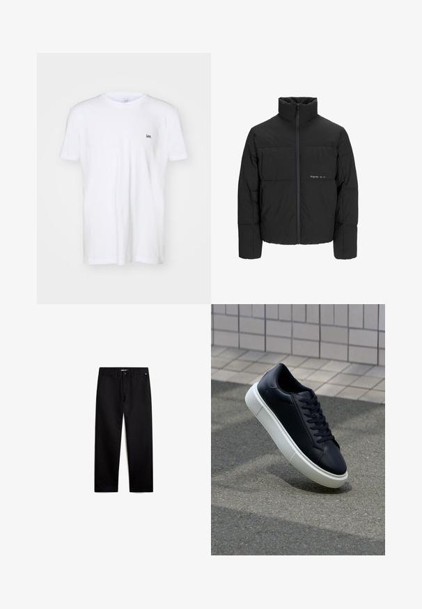 Giubbotto bomber nero con colletto alto, chiusura frontale con zip e design trapuntato. Tessuto liscio con un logo discreto sul petto.; T-shirt bianco in cotone con maniche corte, caratterizzato da un piccolo logo ricamato nero "Lee" sul lato sinistro del petto. Design semplice e classico.; Pantaloni in cotone nero con vestibilità dritta, chiusura zip e tasche frontali. Tessuto liscio, senza motivi visibili e hardware minimale.; Sneaker in pelle nera con punta arrotondata e suola in gomma bianca. Presenta lacci piatti e cuciture minime sulla parte superiore. Suola testurizzata per una migliore aderenza.