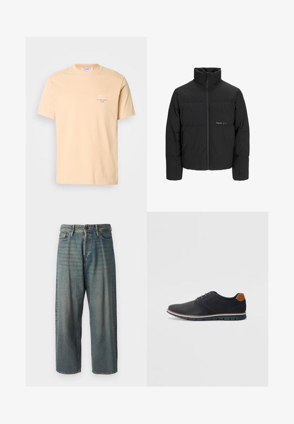 Schwarze Pufferjacke mit hohem Kragen, Front-Reißverschluss und gestepptem Design. Glattes Material mit dezentem Logo auf der Brust.; Pfirsichfarbendes Baumwoll-T-Shirt mit kurzen Ärmeln, das ein kleines weißes Grafikdesign und Text auf der linken Brustseite zeigt. Einfacher Rundhalsausschnitt.; Helle blaue Denim-Jeans mit lockerer Passform, mittelhoher Taille und geraden Beinen. Hat fünf Taschen, Gürtelschlaufen und einen Knopfverschluss.; Schwarze synthetische Schuhe mit einer strukturierten Oberseite, glatten Akzenten, braunem Absatz und einer kontrastierenden Sohle. Verfügt über minimale Schnürung und Nähdetails.