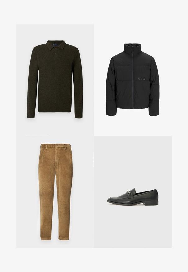 Svart boblejakke med høy krage, frontåpning med glidelås og kviltet design. Glatt stoff med en subtil logo på brystet.; Grønn langermet polo-genser med teksturert finish, to-knappsplacket og ribbestrikkede mansjetter. Enkel, klassisk design som passer til hverdagsbruk.; Brune kordfløyelsbukser med vertikal ribbestruktur, rett passform, knappelukking og beltehemper. Glatt stoff med en myk finish.; Sorte skinnloafers med en glatt finish, og med en sydd design og en dekorativ metallkjedeakcent over foten. Flat hæl.
