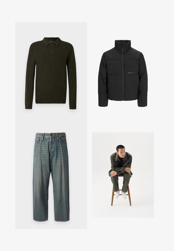 Črni pufast plašč z visokim ovratnikom, sprednjim zadrgo in prešitjem. Gladka tkanina z diskretnim logotipom na prsih.; Zeleni dolg rokav polo pulover z teksturirano površino, z dvema gumboma in rebrastimi manšetami. Preprost, klasičen dizajn, primeren za sproščeno nošenje.; Svetlomoderne kavbojke z ohlapnim krojem, srednjim pasom in ravnimi nogami. Imajo pet žepov, zanke za pas in zapiranje na gumb.; Rjav usnjen jopič s širokim ovratnikom, v kombinaciji s temno zelenimi kavbojkami in belimi športnimi čevlji. Model sedi na lesenem stolu.
