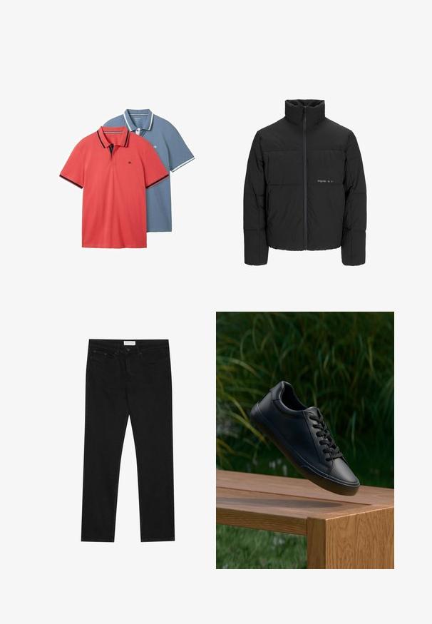Musta puhvijakku, jossa on korkea kaulus, etuvetoketju ja tikattu muotoilu. Sileä kangas, jossa on hienovarainen logo rinnassa.; Kaksi polo-paitaa: yksi korallinvärinen tummilla yksityiskohdilla ja yksi vaaleansininen valkoisilla yksityiskohdilla. Molemmissa on lyhyet hihat ja klassinen kaulus.; Mustat suorat farkut, joissa on viisi taskua, napilla ja vetoketjulla varustettu sulkeminen, sekä Pier One -brändilogo vyötärölle.; Musta nahkakengät, joissa on sileä pinta, pyöreä kärki ja litteät nauhat, aseteltu puupinnan ylle, taustalla vihreää ruohoa.
