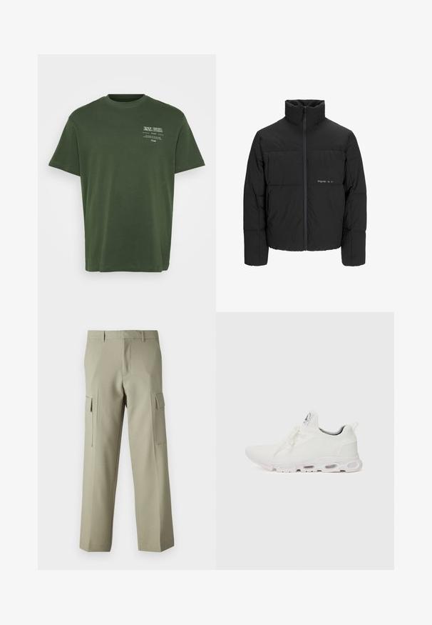 Crna puffer jakna s visokim ovratnikom, prednjim zatvaračem i kviltanim dizajnom. Glatka tkanina s suptilnim logotipom na prsima.; Zelena pamučna majica s okruglim izrezom, kratkim rukavima i otisnutim tekstom bijele boje na gornjoj lijevoj strani. Glatka tekstura, opušteni kroj.; Svijetlozelene cargo hlače s ravnim krojem, s bočnim džepovima i glatkom teksturom tkanine. Prikazan stražnji pogled.; Bijele atletske tenisice s gornjim dijelom od teksturiranog pletenog materijala, ravnim vezicama i jastučićem u potplatu s vidljivim zračnim komorama radi dodatne potpore.