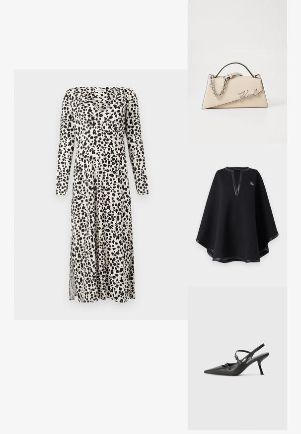 Svart poncho laget av myk stoff, med dyp V-hals med kunstskinnkant og brodert logo. Glatt, strukturert overflate.; Lang, beige kjole med et sort prikket mønster, med lange ærmer, V-hals og en sideløsning for bedre bevegelsesfrihet.; Sorte skinn slingback-hæler med spiss tå, slank hæl og dekorativ spenne detalj på vampsiden. Glatt tekstur og stilrent design.; Beige lærveske med en strukturert, trekantet form, som har et sølvfarget kjedehåndtak og en skrifttype-logo i metall.
