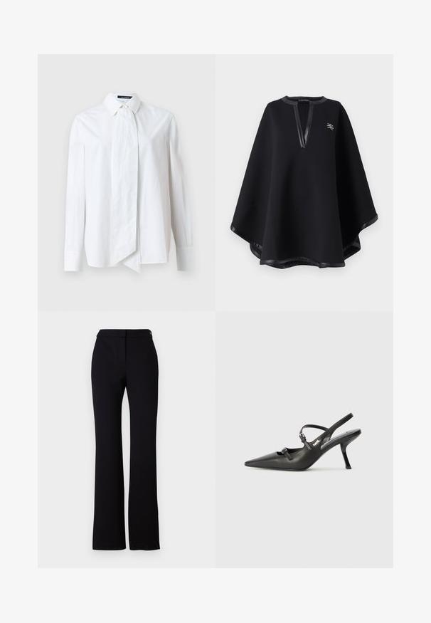 Schwarzer Poncho aus weichem Stoff, mit einem tiefen V-Ausschnitt und Besatz aus Kunstleder sowie einem gestickten Logo. Glatte, strukturierte Oberfläche.; Weißes Hemd mit langen Ärmeln, das mit einer großen Schleife am Kragen versehen ist, aus glattem Stoff mit einer knackigen Textur.; Schwarze Hose mit geradem Schnitt, glatter Textur und einem Bund mit einem einzelnen Knopfverschluss. Keine sichtbaren Muster oder Akzente.; Schwarzlederne Slingback-Absätze mit spitzer Zehenform, schlankem Absatz und dekorativem Schnallendetail auf dem Blatt. Glatte Textur und elegantes Design.