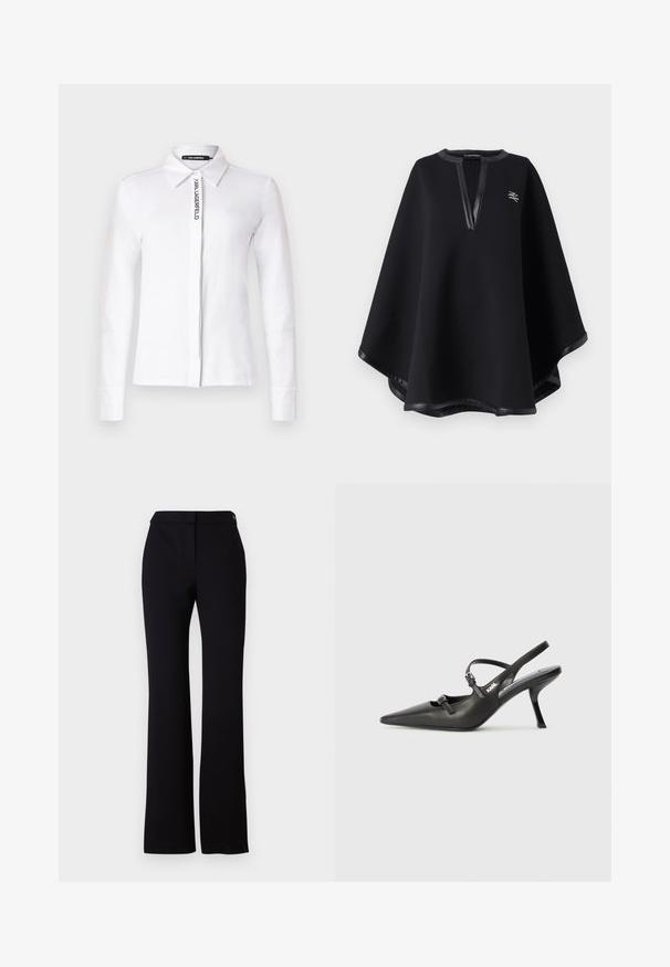 Juodas pončas, pagamintas iš minkštos medžiagos, su gilia V formos iškirpte ir dirbtinės odos apdaila, taip pat išsiuvinėtu logotipu. Lygus, tekstūruotas paviršius.; Balti medvilnės marškiniai ilgomis rankovėmis su apykakle, priekyje su vertikaliu juodu logotipu ir mygtukais užsisegama rankogaliais.; Juodi kelnės, turinčios tiesų kirpimą, lygų paviršių ir juosmenį su viena mygtuko uždarymo sistema. Nėra matomų raštų ar akcentų.; Juodi odiniai slingback kulniukai su smailiu pirštu, siauru kulnu ir dekoratyvine sagtimi viršuje. Lygus paviršius ir elegantiškas dizainas.