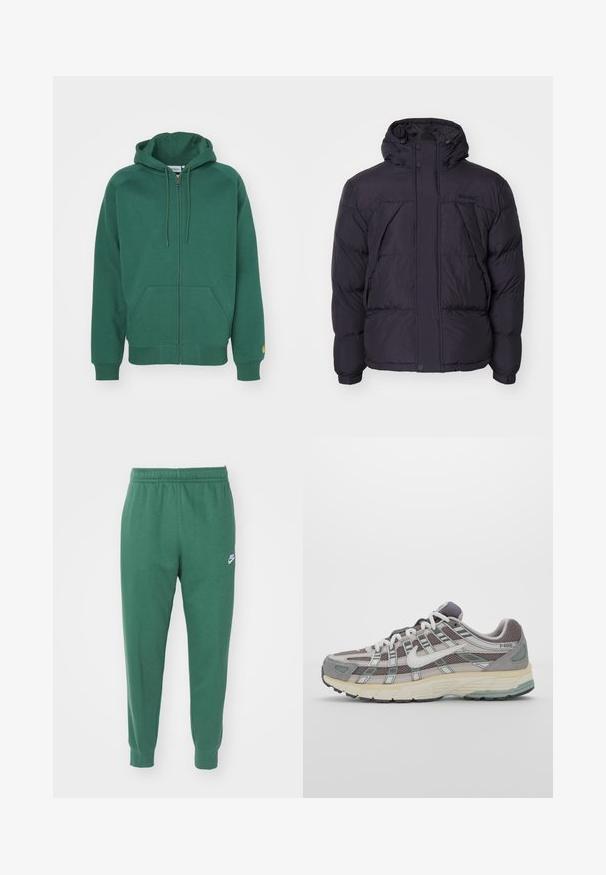 Giacca a vento nera con cappuccio, caratterizzata da una texture leggermente lucida, design trapuntato e bottoni frontali. Logo Timberland sul petto.; Felpa verde con zip realizzata in morbido cotone. Presenta un cappuccio con cordino, tasche frontali e polsini a costine con un piccolo logo sulla manica.; Tre canotte bianche a coste in cotone. Presentano un colletto rotondo e piccole etichette nere vicino all'orlo. Disponibile in diverse taglie.; Nike Sportswear CLUB JGGR - Pantaloni sportivi - fir/white; Scarpa sportiva grigia con tomaia in mesh e suede, dettagli bianchi, suola ammortizzata e un design distintivo con elementi riflettenti.