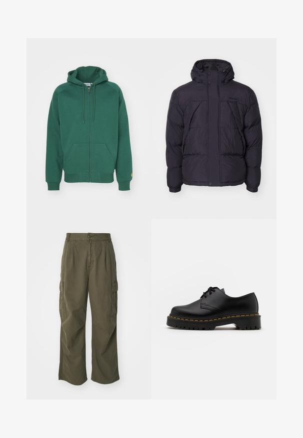 Schwarze Daunenjacke mit Kapuze, leicht glänzender Oberfläche, gestepptem Design und vorderen Knöpfen. Timberland-Logo auf der Brust.; Grüne Kapuzenjacke mit Reißverschluss aus weichem Baumwollmaterial. Sie verfügt über eine verstellbare Kapuze, Vordertaschen und gerippte Bündchen mit einem kleinen Logo am Ärmel.; Weißes Langarm-T-Shirt aus Baumwolle. Rundhals-Design mit gerippten Bündchen und kleinem Logo auf dem linken Ärmel. Glatte Textur.; Cargo-Hosen in Olivgrün, aus Baumwolle, mit weitem Bein, Falten und seitlichen Taschen für Funktionalität.; Schwarze Leder Schnürschuhe mit runder Spitze, strukturiertem Gummisohle und gelben Nähten um den Rand. Flaches Design und glatte Oberfläche.