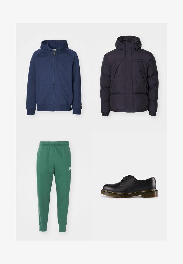 Chaqueta de abrigo negra con capucha, con una textura ligeramente brillante, diseño acolchado y botones en la parte frontal. Logotipo de Timberland en el pecho.; Sudadera con cremallera en color navy, hecha de una mezcla de algodón, que cuenta con capucha ajustable, bolsillos tipo canguro, puños de canalé y un pequeño logo en la manga.; Camiseta blanca de manga larga hecha de algodón. Diseño de cuello redondo con puños acanalados y un pequeño logo en la manga izquierda. Textura suave.; Nike Sportswear CLUB JGGR - Pantalones deportivos - fir/white; Zapato de cuero negro con punta redondeada, diseño de cordones, costuras amarillas a lo largo de la suela y suela de goma gruesa y texturizada.