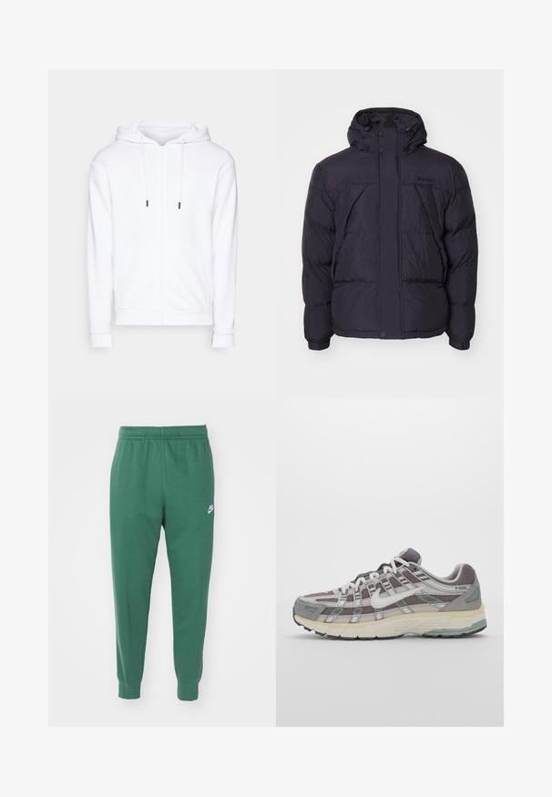 Zwarte pufferjack met capuchon, met een licht glanzende textuur, gestikte design en knopen aan de voorkant. Timberland-logo op de borst.; Jack & Jones JJEBRADLEY ZIP HOOD - Sweater met rits - white; Witte lange mouwen T-shirt van katoen. Ronde hals ontwerp met ribgebreide manchetten en een klein logo op de linkermouw. Gladde textuur.; Nike Sportswear CLUB JGGR - Trainingsbroek - fir/white; Grijze sportieve schoen met een bovenwerk van mesh en suede, witte accenten, een gevoerde zool en een onderscheidend ontwerp met reflecterende elementen.