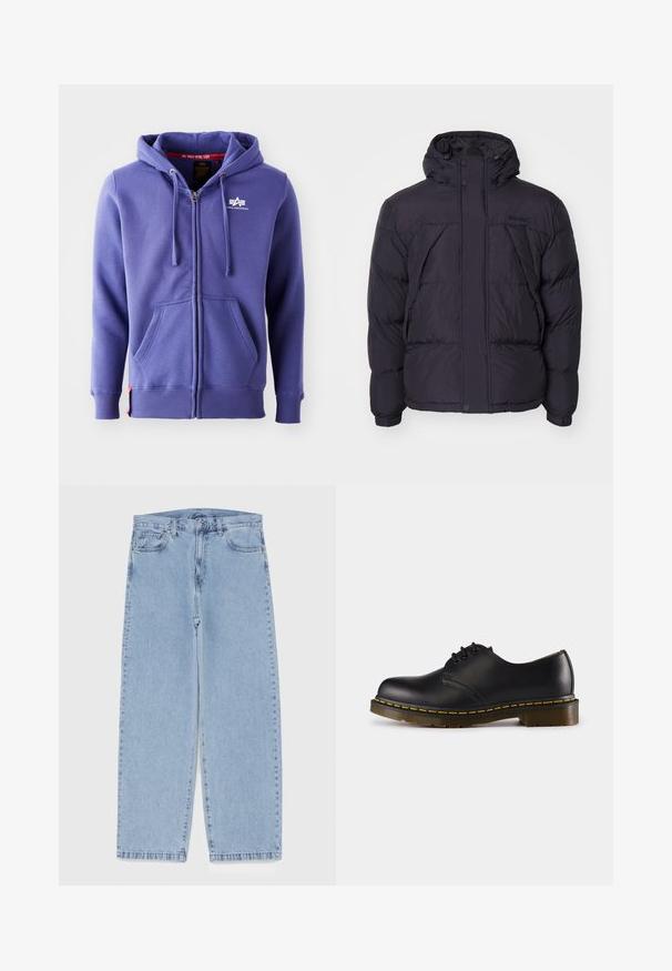 Giacca a vento nera con cappuccio, caratterizzata da una texture leggermente lucida, design trapuntato e bottoni frontali. Logo Timberland sul petto.; Felpa zip-up viola in morbido tessuto, con logo frontale, cappuccio con cordino e due tasche frontali, maniche e orlo a costine.; T-shirt bianca a maniche lunghe realizzata in cotone. Design con collo rotondo, polsini a costine e un piccolo logo sulla manica sinistra. Texture liscia.; Jeans in denim azzurro chiaro con design a gamba dritta, caratterizzati da una vita media, cinque tasche e chiusura con bottone e zip.; Scarpa in pelle nera con punta arrotondata, design con lacci, cuciture gialle lungo la suola e suola in gomma spessa e testurizzata.