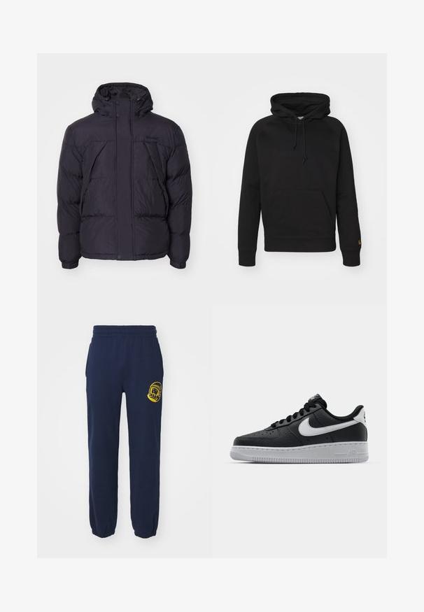 Melna pūkainā jaka ar kapuci, ar nedaudz spīdīgu tekstūru, iešūtu dizainu un priekšējiem pogām. Timberland logo uz krūškurvja.; Melnā kapucīne no mīksta auduma, ar priekšējo kabatu, regulējamu auklu un ribotām piedurknēm. Gluda tekstūra ar minimālu noformējumu.; Balta garām piedurknēm T-kreklā, kas izgatavots no kokvilnas. Arapa kakla dizains ar ribotām aprocēm un mazu logotipu uz kreisās piedurknes. Gluda tekstūra.; Jūras zils sporta bikses, izgatavotas no kokvilnas, ar elastīgu jostu un aprocēm; kreisā augšstilba daļā ir dzeltena grafika.; Melna ādas sporta apavi ar teksturētu virsmu, balta Nike swoosh zīme, pelēks zole, apaļa pirksta daļa un saistējs dizains. Iekļautas perforācijas uz pirksta kastes.