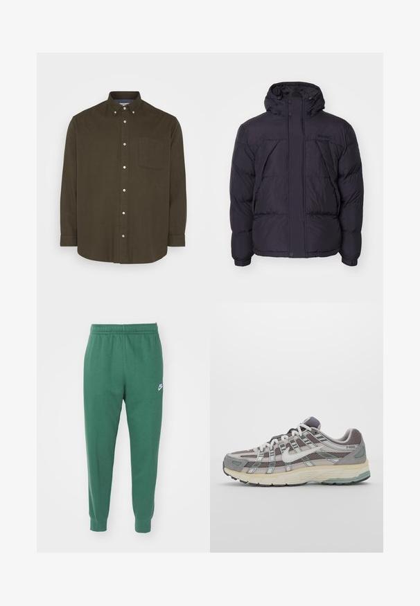 Czarna kurtka puchowa z kapturem, o lekko błyszczącej fakturze, pikowanym wzorze i guzikach z przodu. Logo Timberland na klatce piersiowej.; Jack & Jones JPRBLUNORRIS ciemnobrązowy; Biała, długospełna koszulka wykonana z bawełny. Klasyczny krój z okrągłym dekoltem, ściągaczami na rękawach oraz małym logiem na lewym rękawie. Gładka tekstura.; Nike Sportswear - Spodnie treningowe; Szare buty sportowe z siateczkowym i zamszowym wierzchem, białymi akcentami, amortyzowaną podeszwą oraz charakterystycznym designem z elementami odblaskowymi.