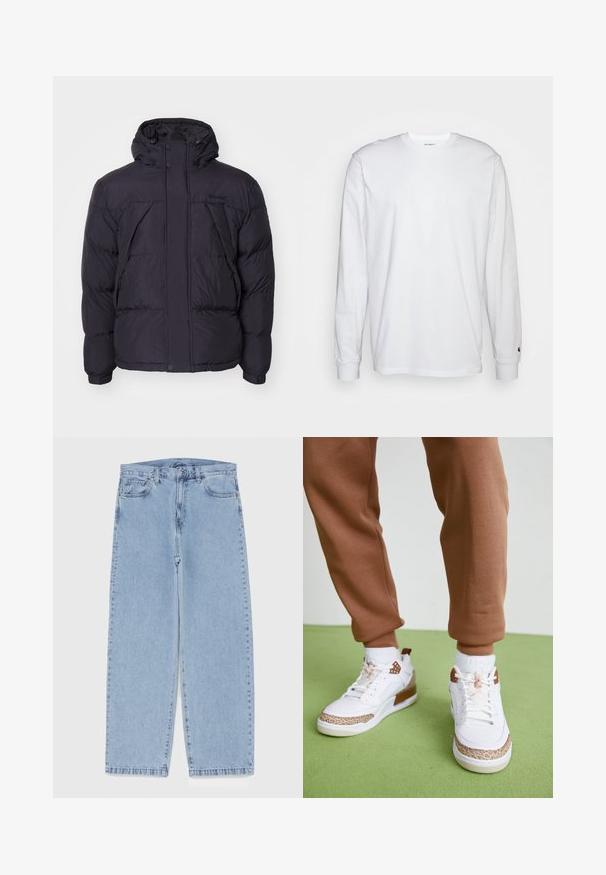 Jachetă puffer neagră cu glugă, având o textură ușor lucioasă, design cu cusături în formă de quilt și butoane în față. Logo-ul Timberland pe piept.; Tricou alb cu mâneci lungi, din bumbac. Design cu guler rotund, cu manșete ribbate și un logo mic pe mâneca stângă. Textură netedă.; Jeans din denim de culoare albastru deschis, cu un design cu picioare drepte, având talie medie, cinci buzunare și un sistem de închidere cu nasture și fermoar.; Tenisi albi din piele înaltă cu accente maronii și o talpă intermediară cu model, asortați cu pantaloni jogger maro strâmți, pe o suprafață verde.