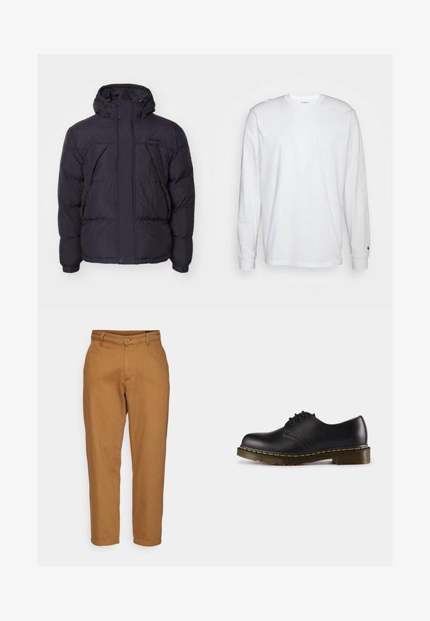 Casaco acolchoado preto com capuz, apresentando uma textura ligeiramente brilhante, design acolchoado e botões frontais. Logótipo da Timberland no peito.; T-shirt de mangas longas branca feita de algodão. Design de gola redonda com punhos canelados e um pequeno logotipo na manga esquerda. Textura suave.; Calças castanhas de perna reta com uma textura suave, fecho de botão e passadores de cinto. Apresentam um design clássico e sem padrões visíveis.; Shoe preto de couro com biqueira arredondada, design de atacador, costura amarela ao longo da sola e uma sola de borracha texturizada e robusta.