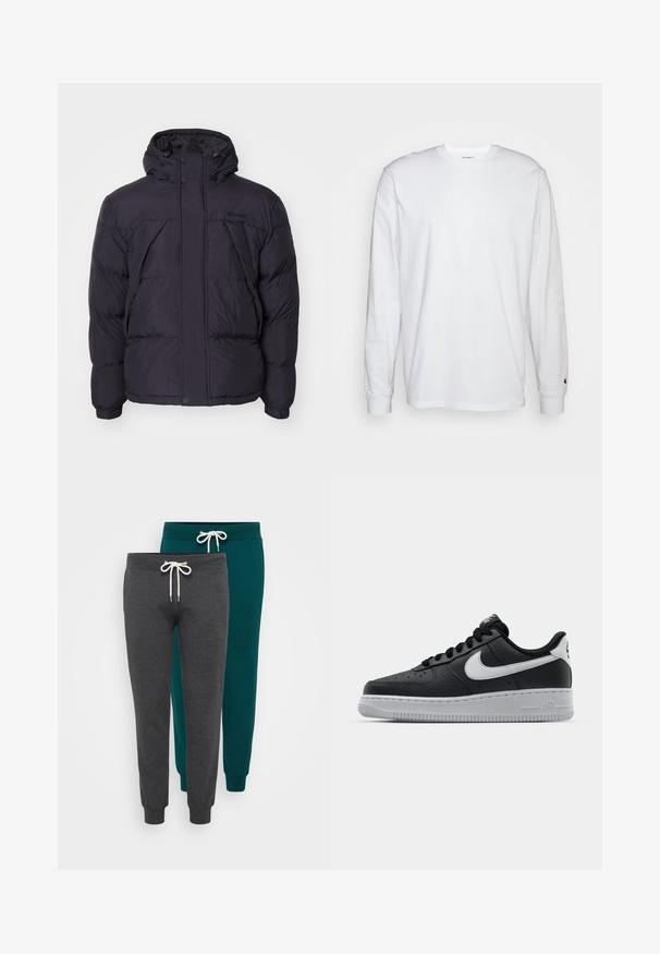 Jachetă puffer neagră cu glugă, având o textură ușor lucioasă, design cu cusături în formă de quilt și butoane în față. Logo-ul Timberland pe piept.; Tricou alb cu mâneci lungi, din bumbac. Design cu guler rotund, cu manșete ribbate și un logo mic pe mâneca stângă. Textură netedă.; Două perechi de pantaloni jogger, în gri cărbune și teal, dintr-un material moale, cu manșete elastice și talie cu șnur alb.; Sneaker din piele neagră, cu o suprafață texturată, swoosh alb de la Nike, talpă gri, bot rotund și sistem de șireturi. Prezintă perforații în zona vârfului.