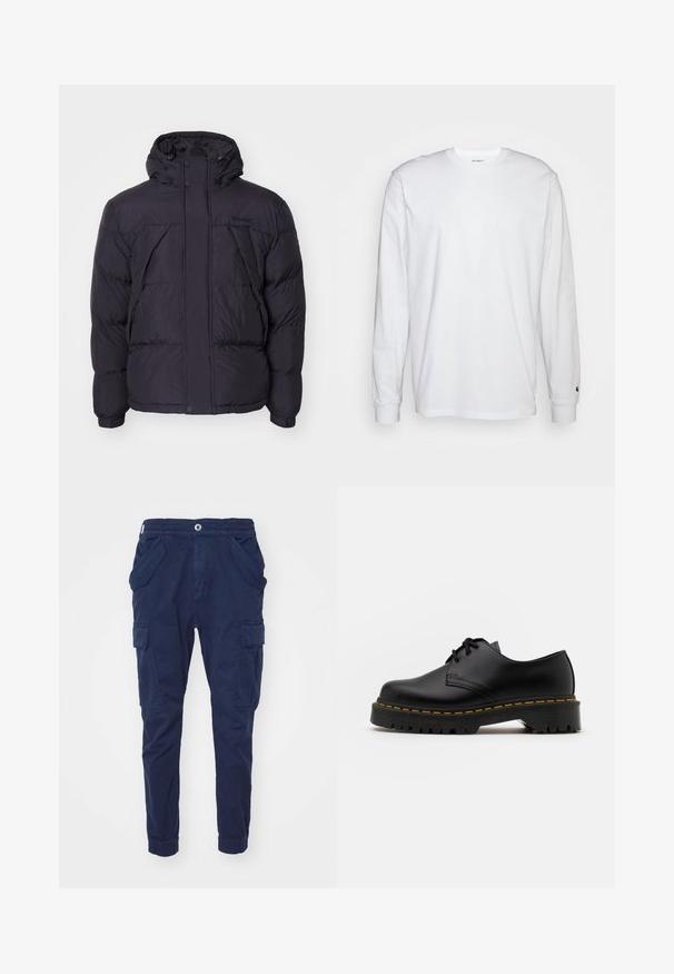 Juodas pūkinis džemperis su gobtuvu, turintis šiek tiek blizgantį paviršių, siuvinėtą dizainą ir priekinį sagų uodegą. Ant krūtinės Timberland logotipas.; Balta, ilga rankovė T-maiša, pagaminta iš medvilnės. Apvalios iškirptės dizainas su raukiniais ant rankovių ir nedidelis logotipas ant kairės rankovės. Glotni tekstūra.; Jūrų laivyno cargo kelnės, pagamintos iš medvilnės, su elastingu juosmeniu, dviem šoninėmis kišenėmis ir cargo kišenėmis ant kiekvienos kojos. Siaurėjančio kirpimo ties kulkšnimis.; Juoda odinė lakuota avalynė su apvaliu pirštu, tekstūruota gumine padu ir geltona siūlelių apdaila aplink bazę. Lygus dizainas ir glotnus paviršius.