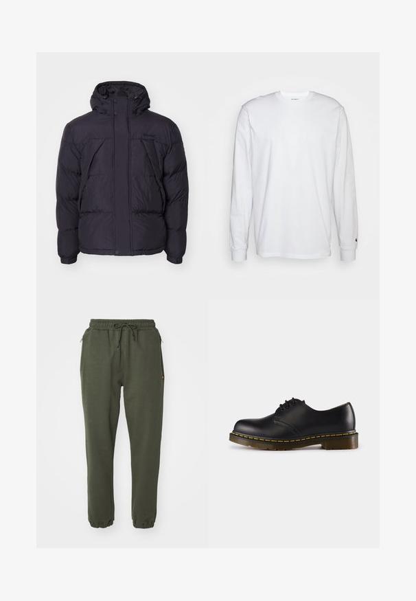 Chaqueta de abrigo negra con capucha, con una textura ligeramente brillante, diseño acolchado y botones en la parte frontal. Logotipo de Timberland en el pecho.; Camiseta blanca de manga larga hecha de algodón. Diseño de cuello redondo con puños acanalados y un pequeño logo en la manga izquierda. Textura suave.; Pantalones joggers verde oliva con cinturilla elástica, cierre de cordón y bolsillos laterales con cremallera. La tela es suave y lisa, con puños acanalados.; Zapato de cuero negro con punta redondeada, diseño de cordones, costuras amarillas a lo largo de la suela y suela de goma gruesa y texturizada.